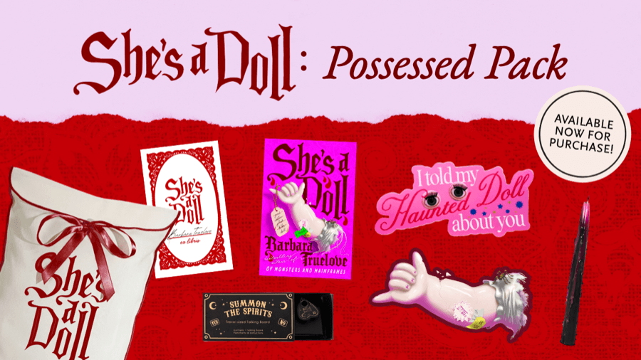 She's a Doll: Possessed Pack — collectors items on a red background